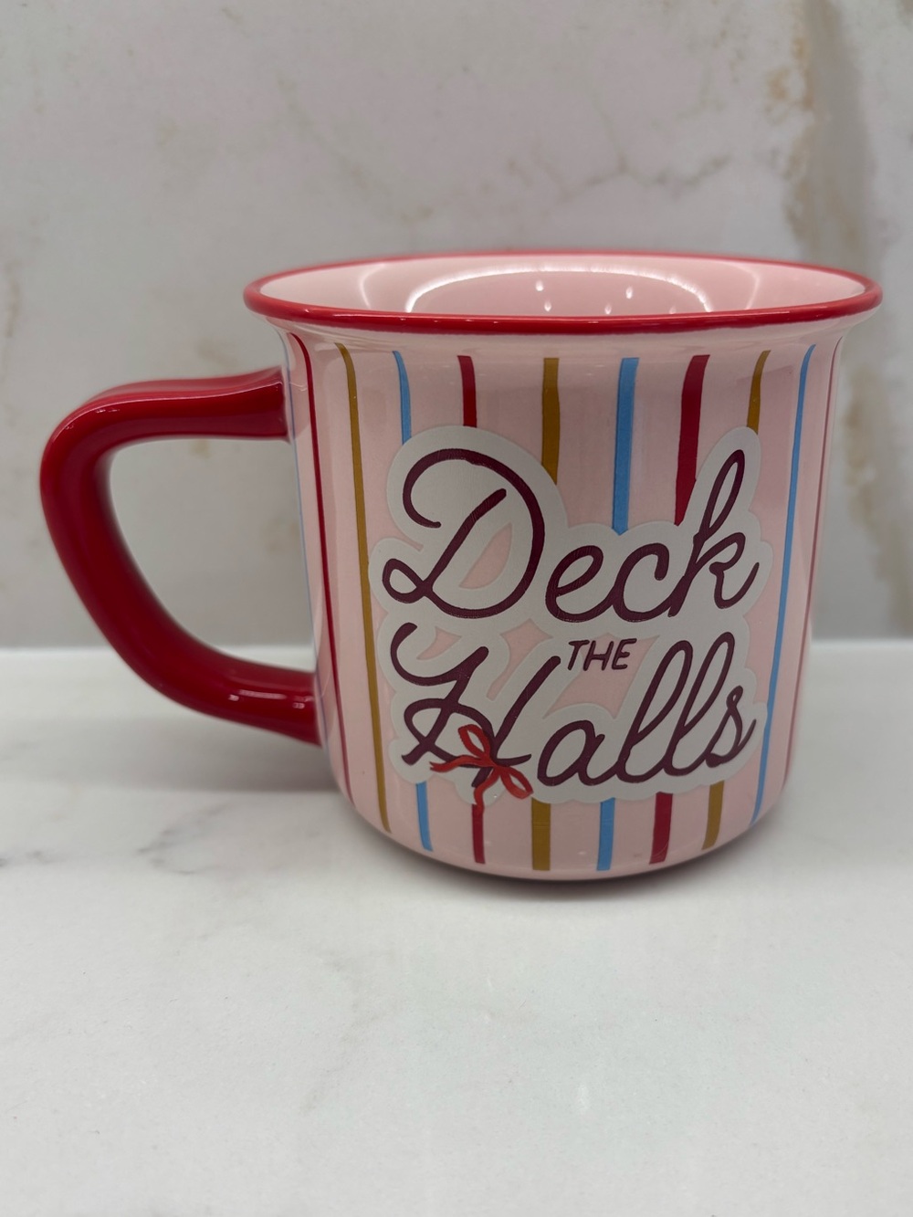 Deck the Halls Pink and Red Stripped with Bow Holiday Ceramic Mug Indigo